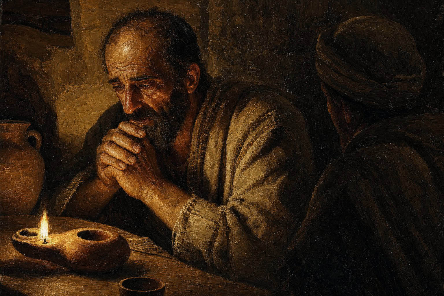 A man seated alone before the dim glow of a clay oil lamp in a dim room, face lit from one side