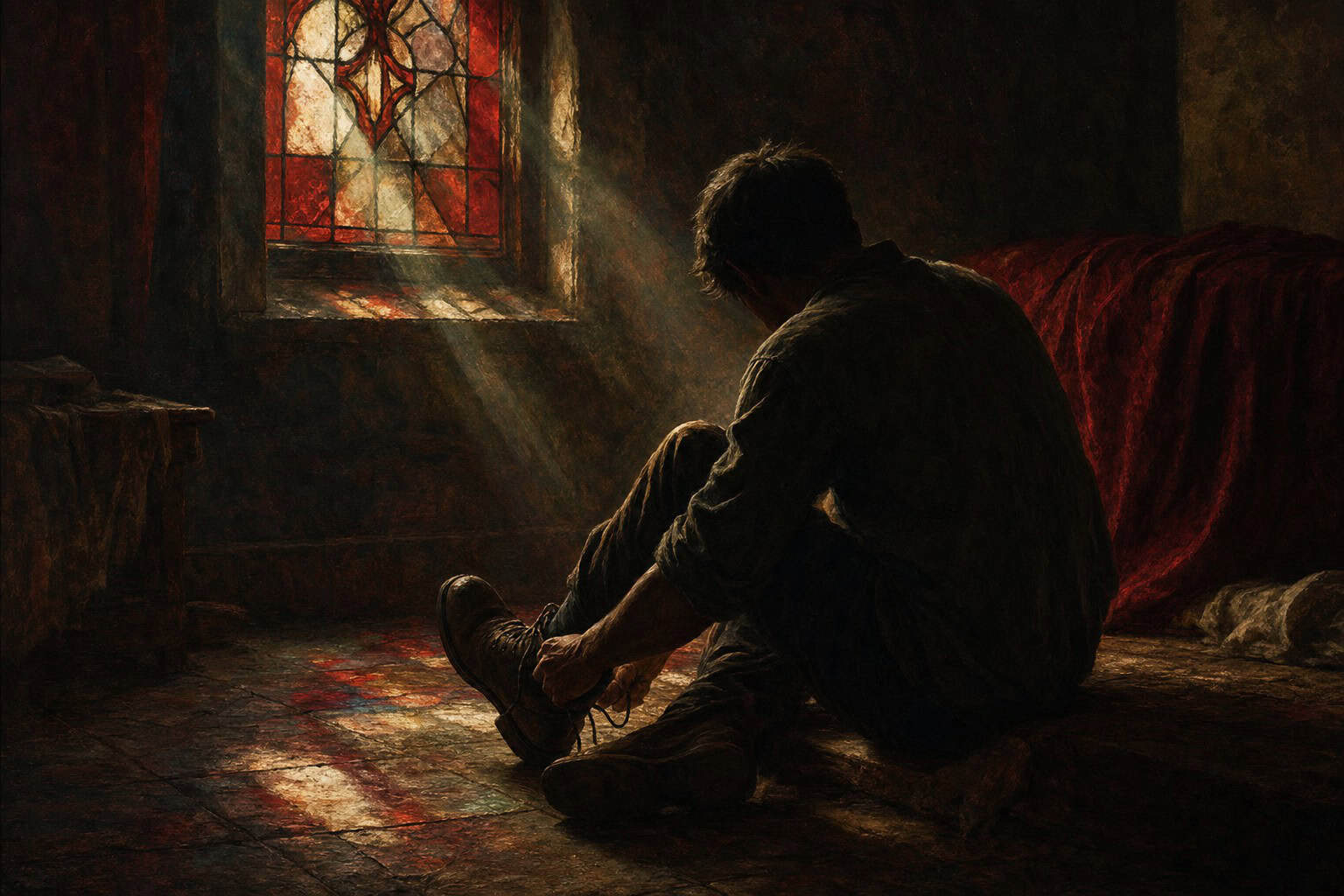 A young man in simple robes sits by a window, gazing thoughtfully, with a lit candle and scrolls beside him in a dimly lit ro