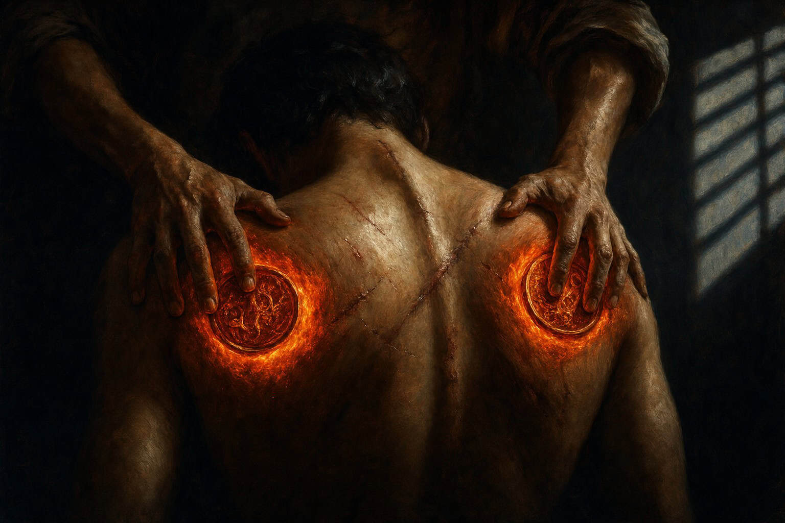 A man with a beard gently touches another man's back, which glows with intricate patterns, in a dimly lit room.