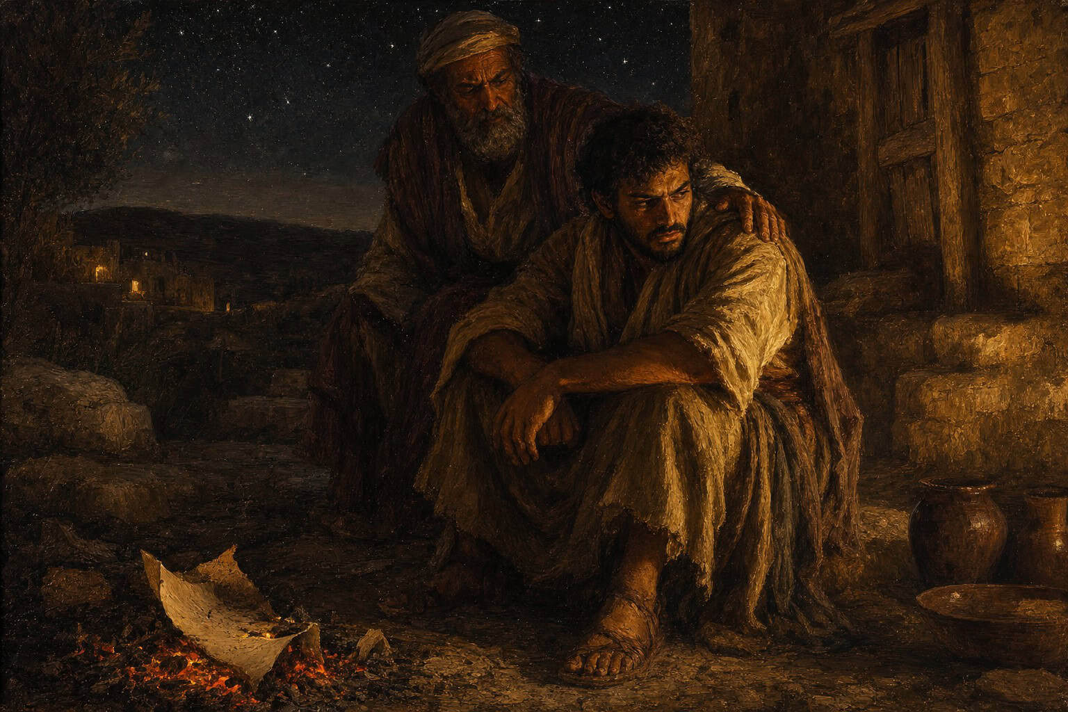 A young man alone at night beside dying orange coals in a dim yard, paper curling to ash