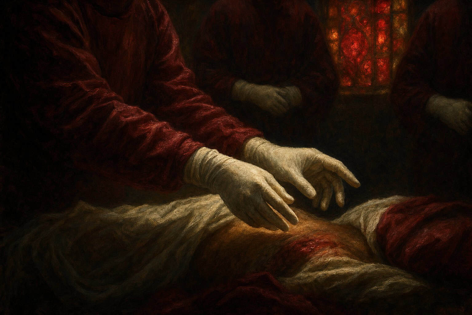 Latex-gloved hands of a doctor reaching toward a patient under harsh fluorescent light, with other physicians — Confessions to the Empty Chair by Anthony Adore