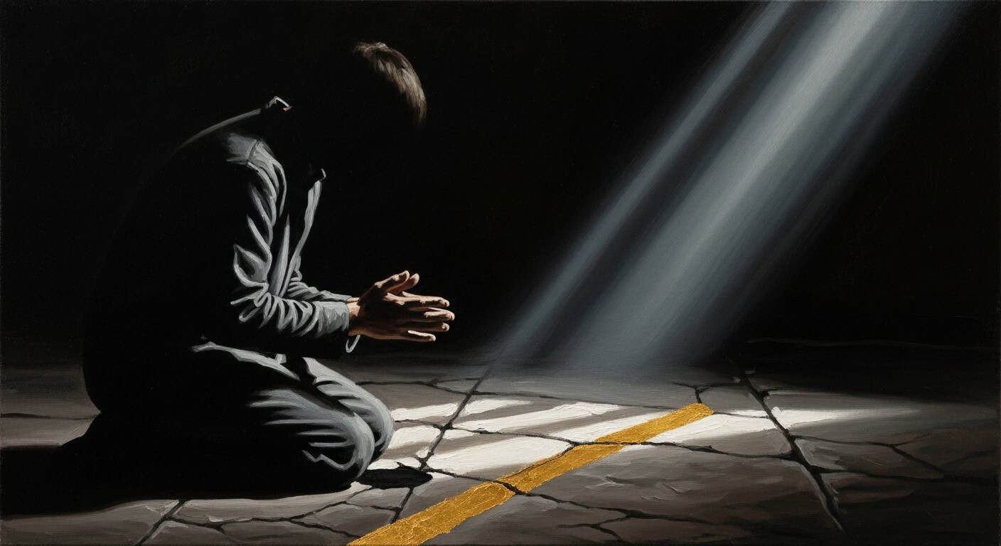 A figure kneeling on ancient stone, hands cupped and trembling, harsh light breaking through the darkness — a painterly chiaroscuro oil painting evoking the attunement of Grace, by Anthony Adoré.