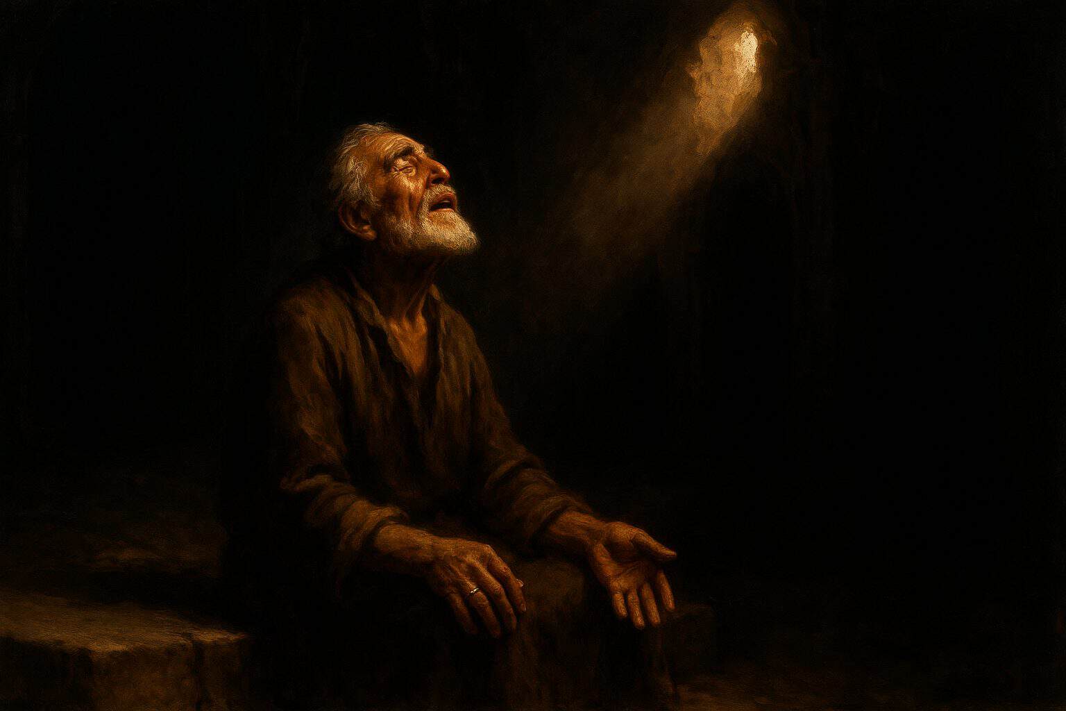 An old man in a dark cathedral lifts his face into a single shaft of light, tearful and grateful