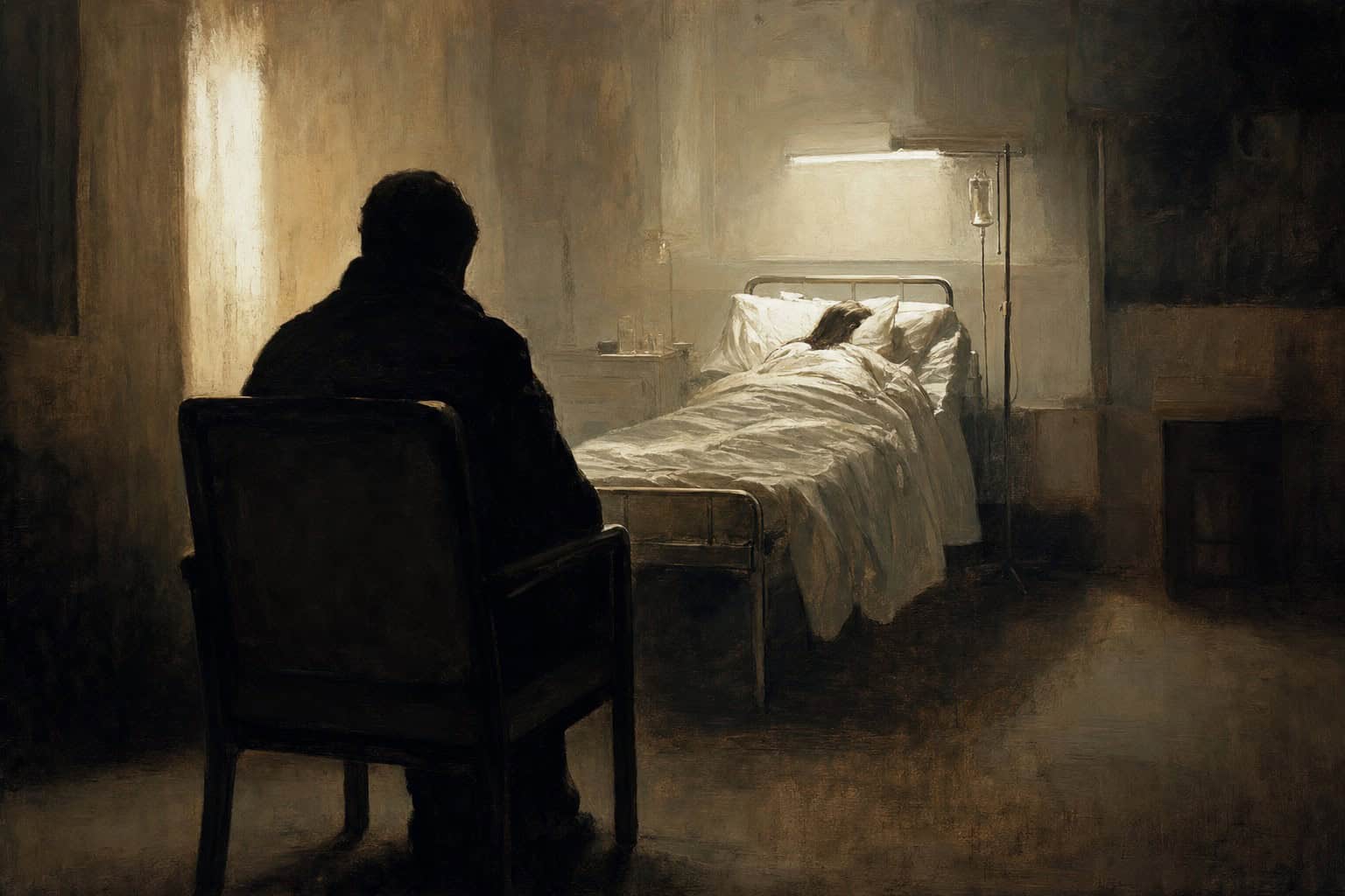 A man sits beside a sleeping woman on a bed, illuminated by soft candlelight in a dim, rustic room.