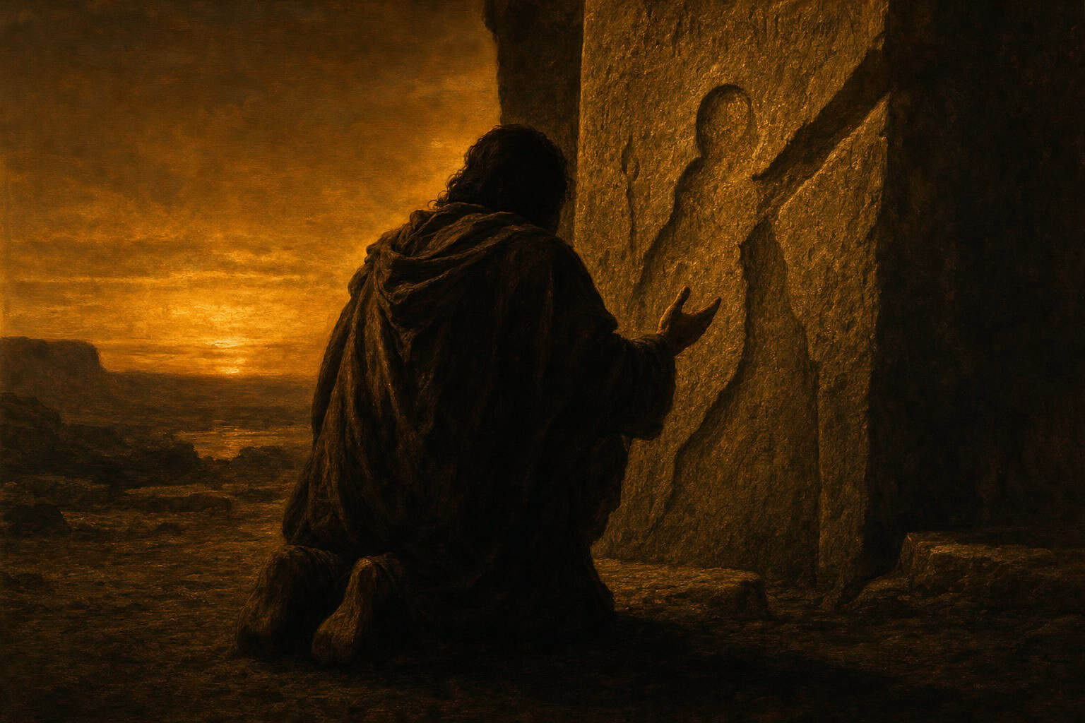 figure kneeling before granite, speaking to carved stone — Fractions of the Soul by Anthony Adore