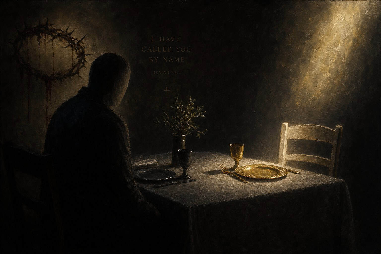 A figure alone at a table set for two, the empty chair across catching a faint ethereal light — a painterly chiaroscuro oil painting evoking the attunement of Grief, by Anthony Adoré.