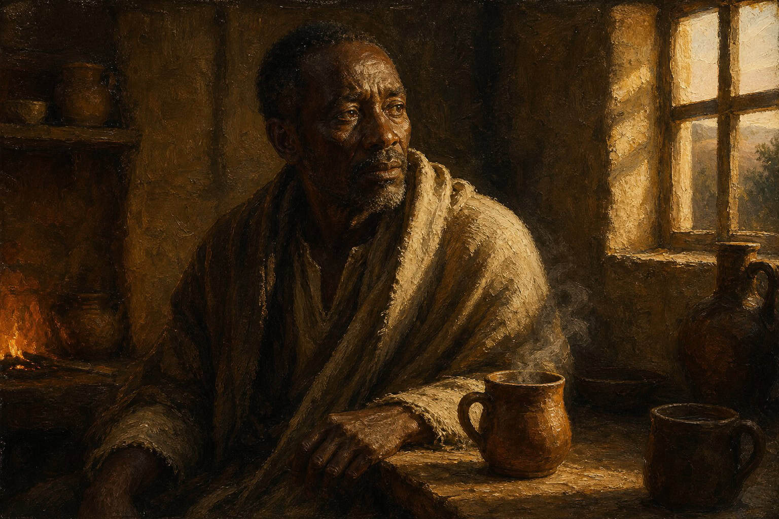 A single steaming mug on a bare kitchen counter at dawn, a second empty mug pushed to the edge