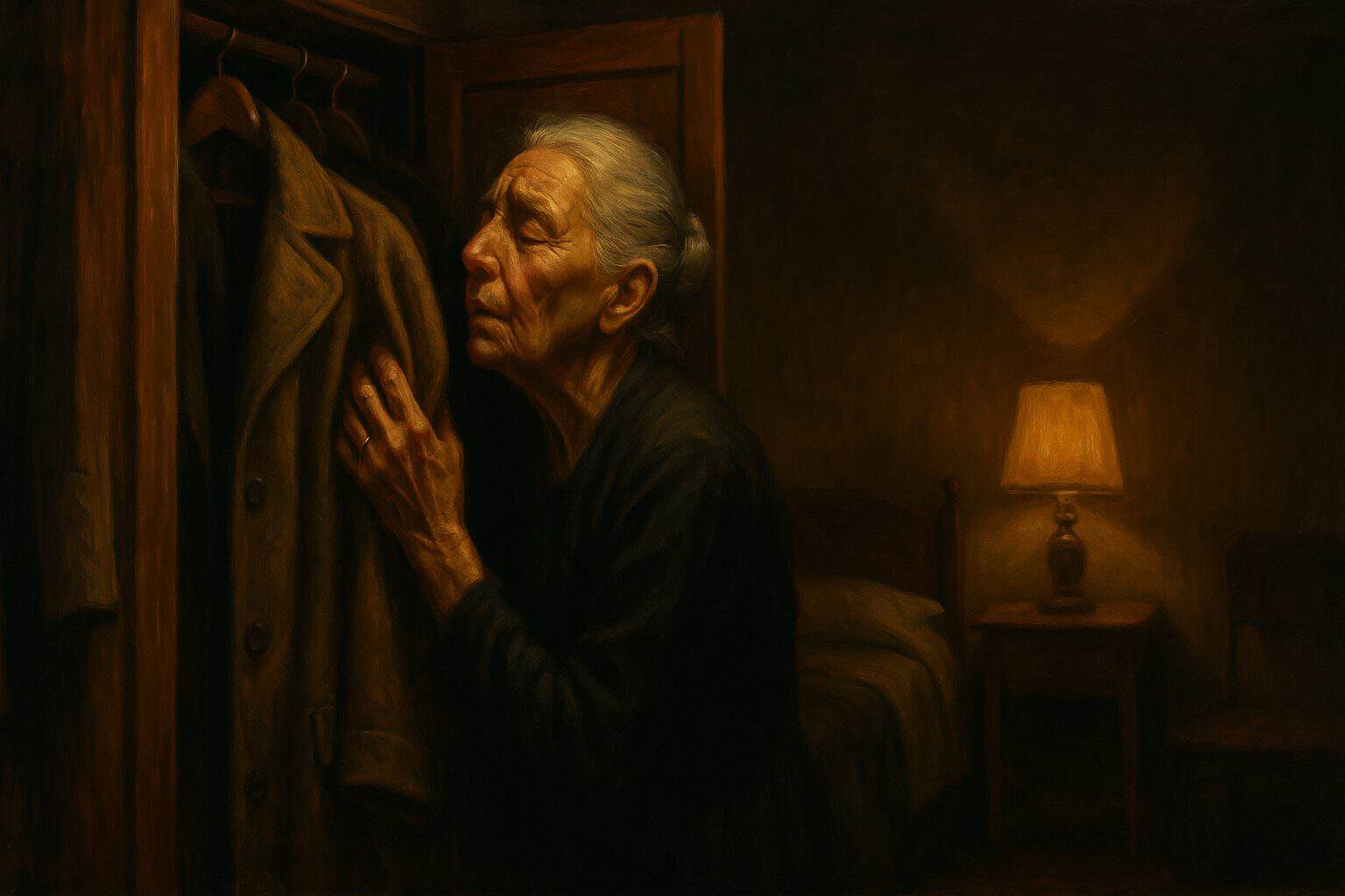 Elderly widow pressing a hanging coat to her face in a dim bedroom, grieving a lost presence