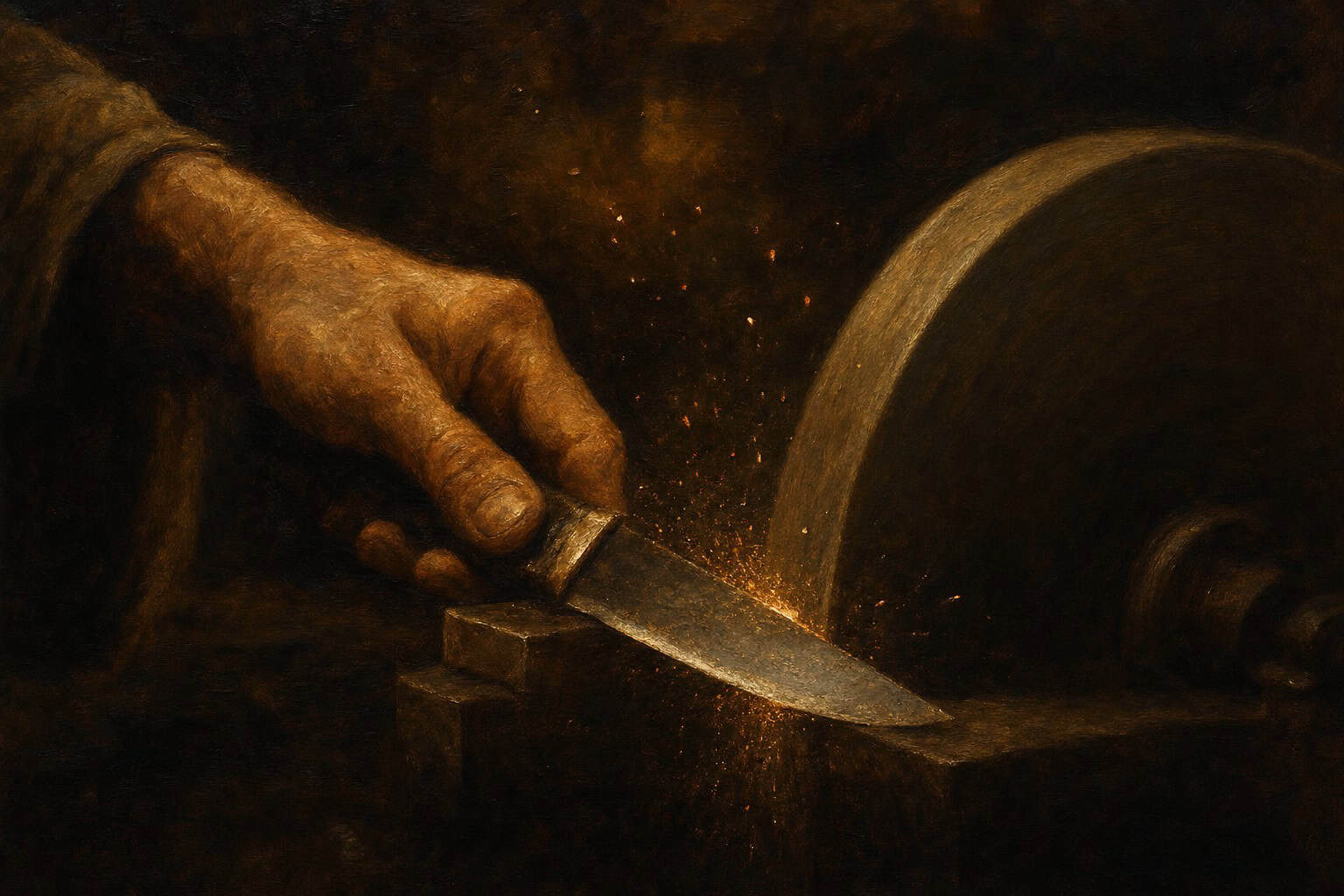 close-up of a hand steadying a knife against a spinning stone, tiny sparks and metallic dust hanging in the — Fractions of the Soul by Anthony Adore