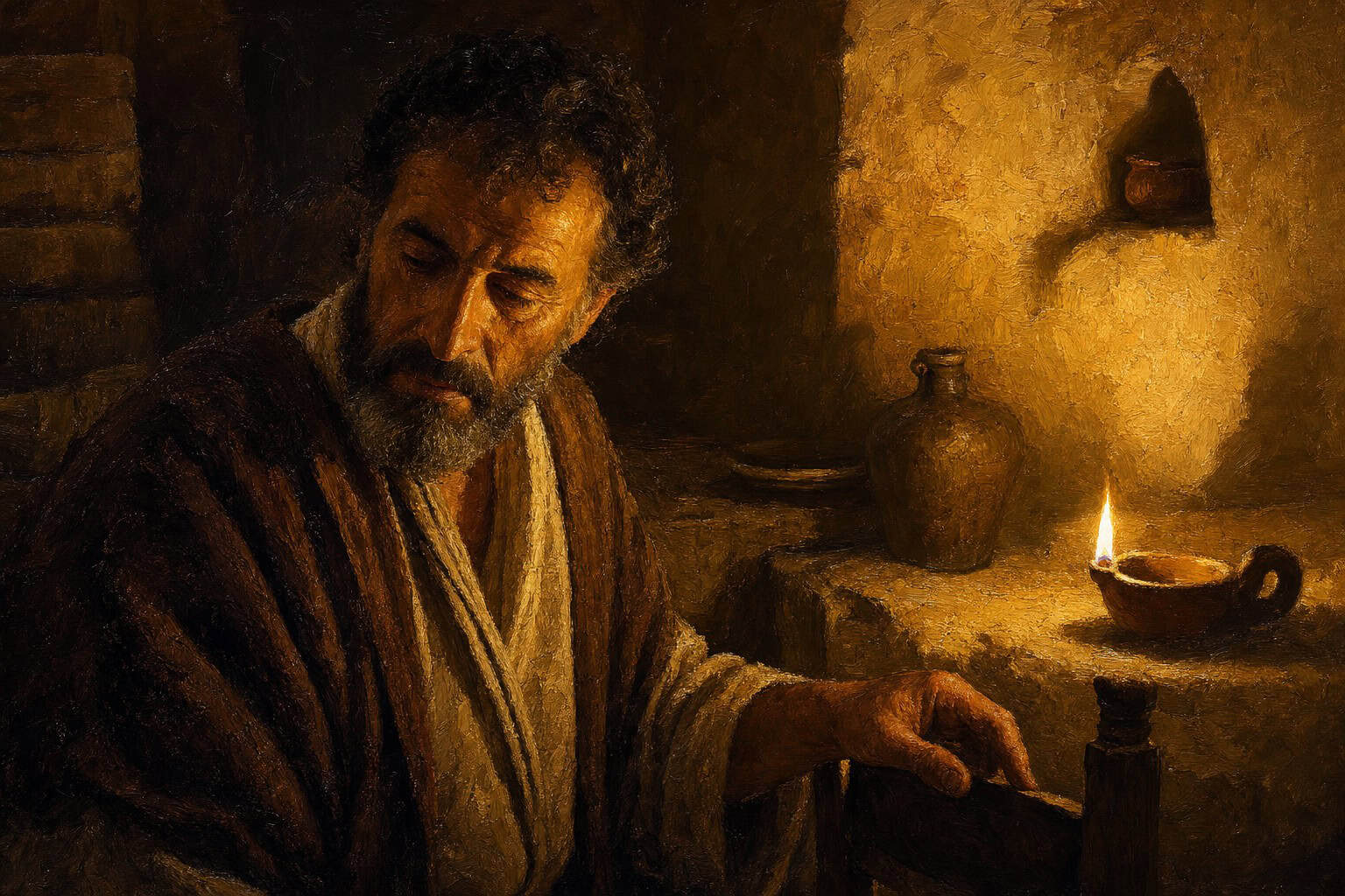 An aging man alone in lamplight before a dim glowing clay oil lamp, one hand near an untouched chair