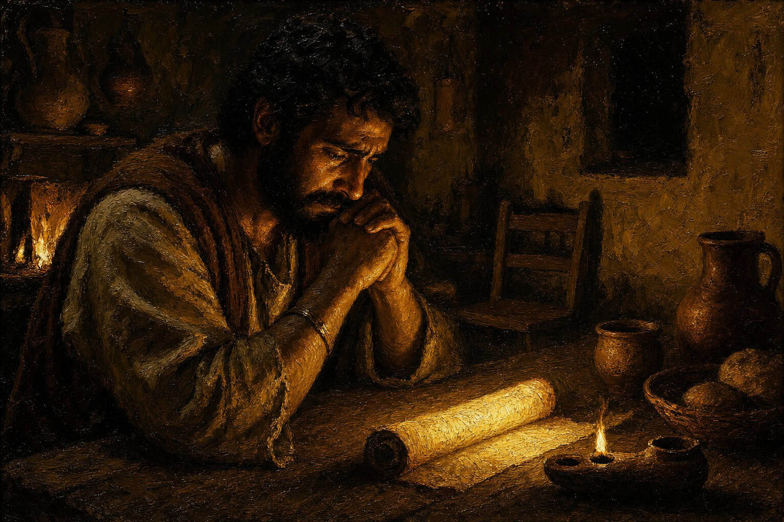 A dim kitchen at night, a scroll glowing face-down on the counter, an empty chair pulled slightly away from the table