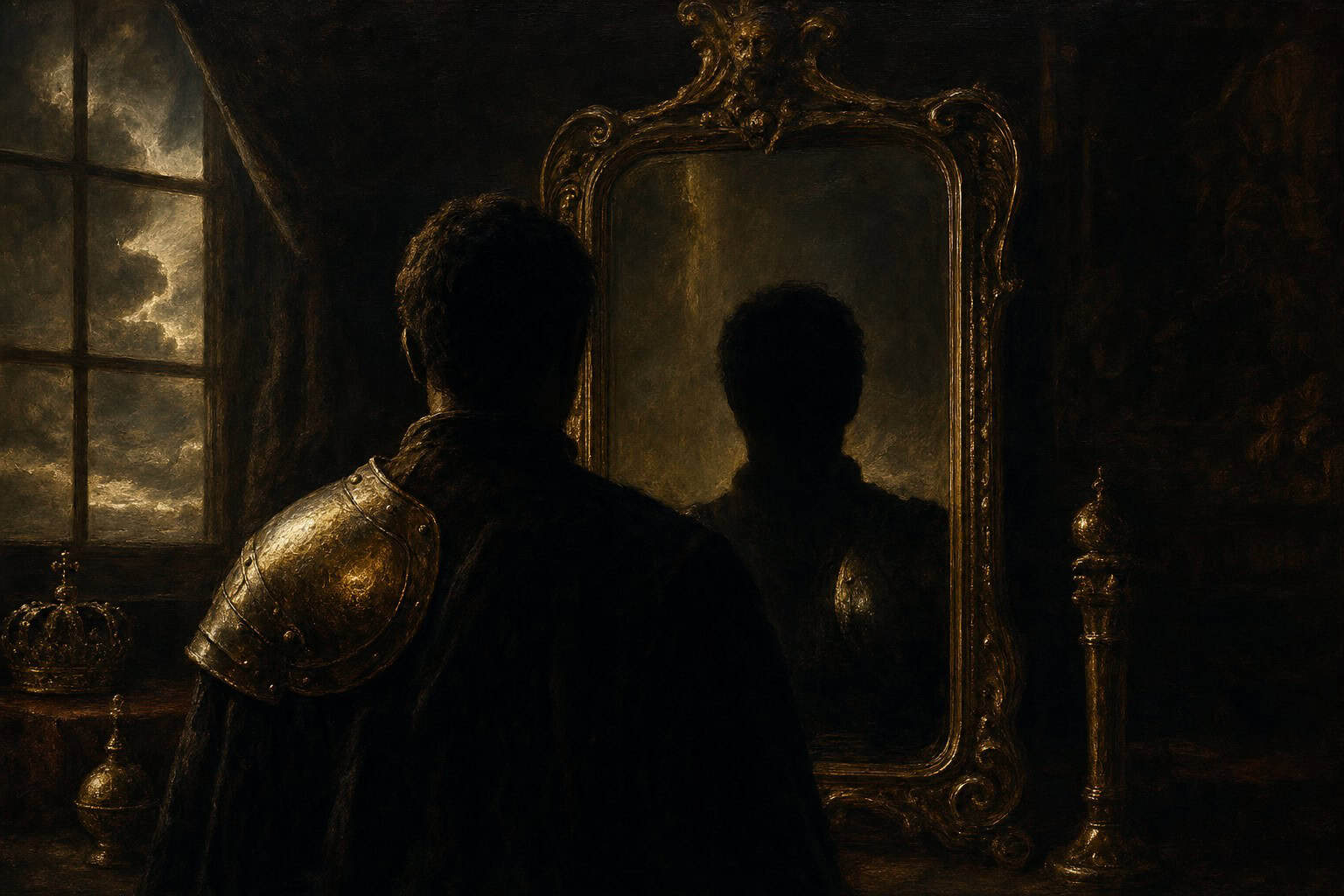 A man's reflection split between iron and shadow — Confessions to the Empty Chair by Anthony Adore