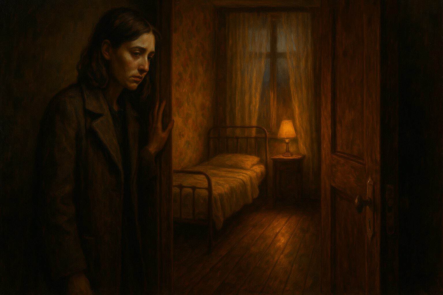 Young woman hesitating at the doorway of her childhood bedroom at dusk, caught between grief and recognition