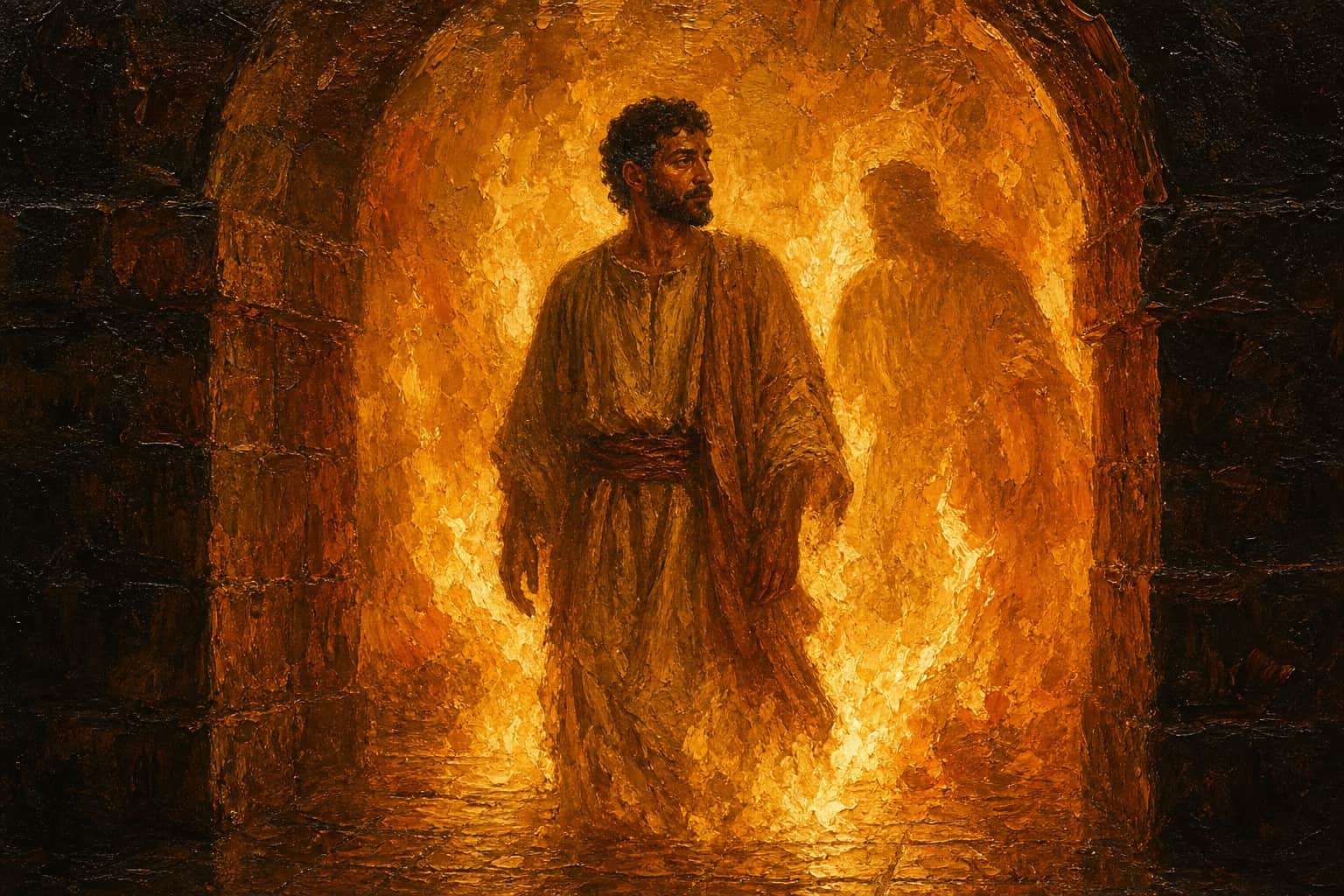 A figure standing inside a bright furnace, unharmed, a second dim shape walking beside him in the flame