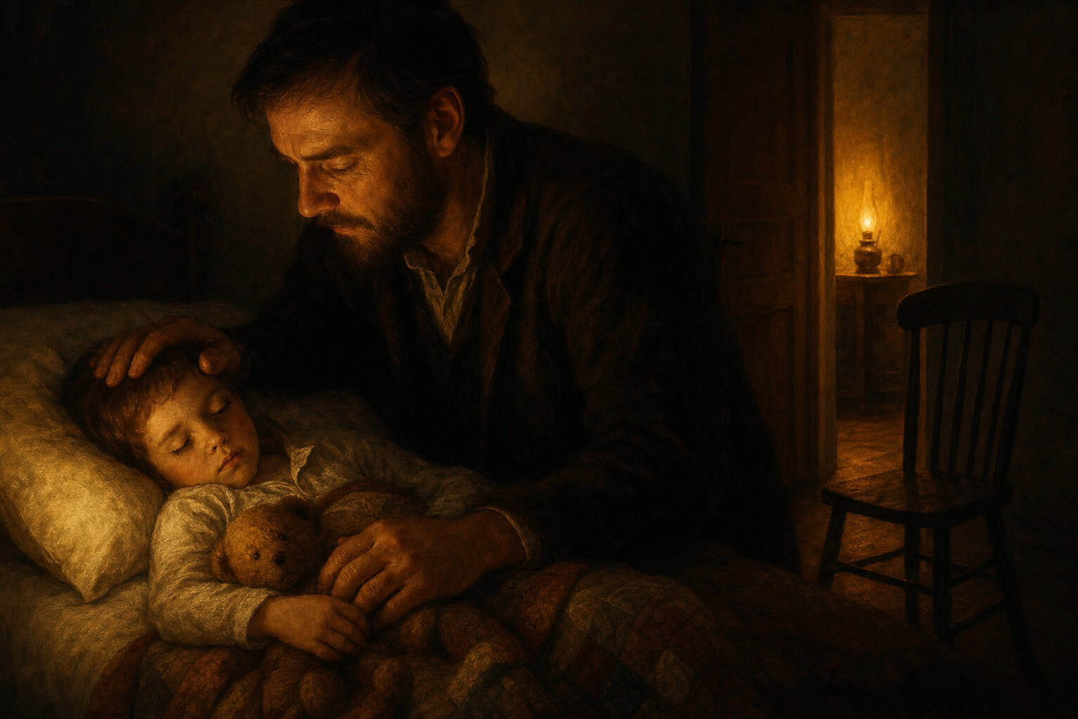 A man gently watches over a sleeping boy, both wrapped in warm, earthy tones, with soft candlelight illuminating the scene.