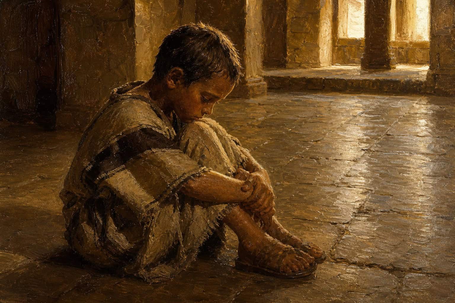 A small child sitting alone on a polished a stone hall floor at dawn, knees drawn up, pale light from high windows
