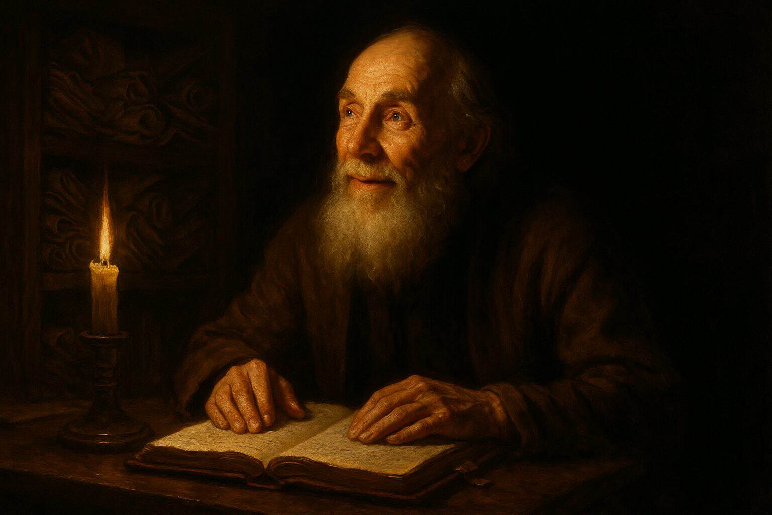 An old scholar rereads his own journal by candlelight, his face lit with quiet dawning understanding