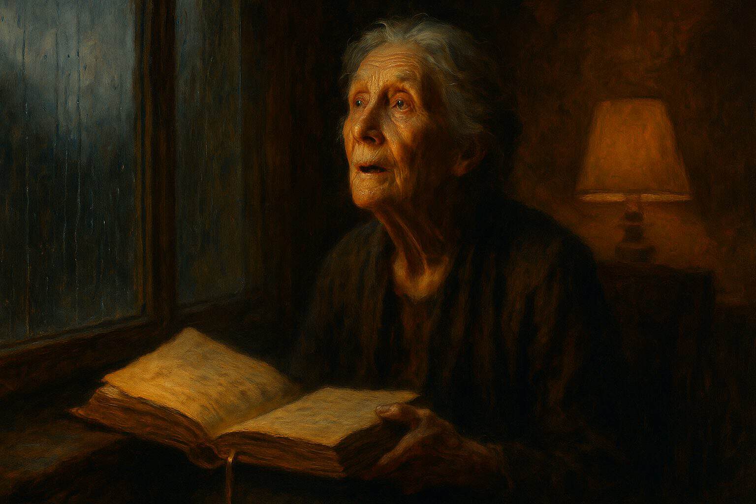 An old woman by a rainy window looks up from a marked book, struck by quiet recognition
