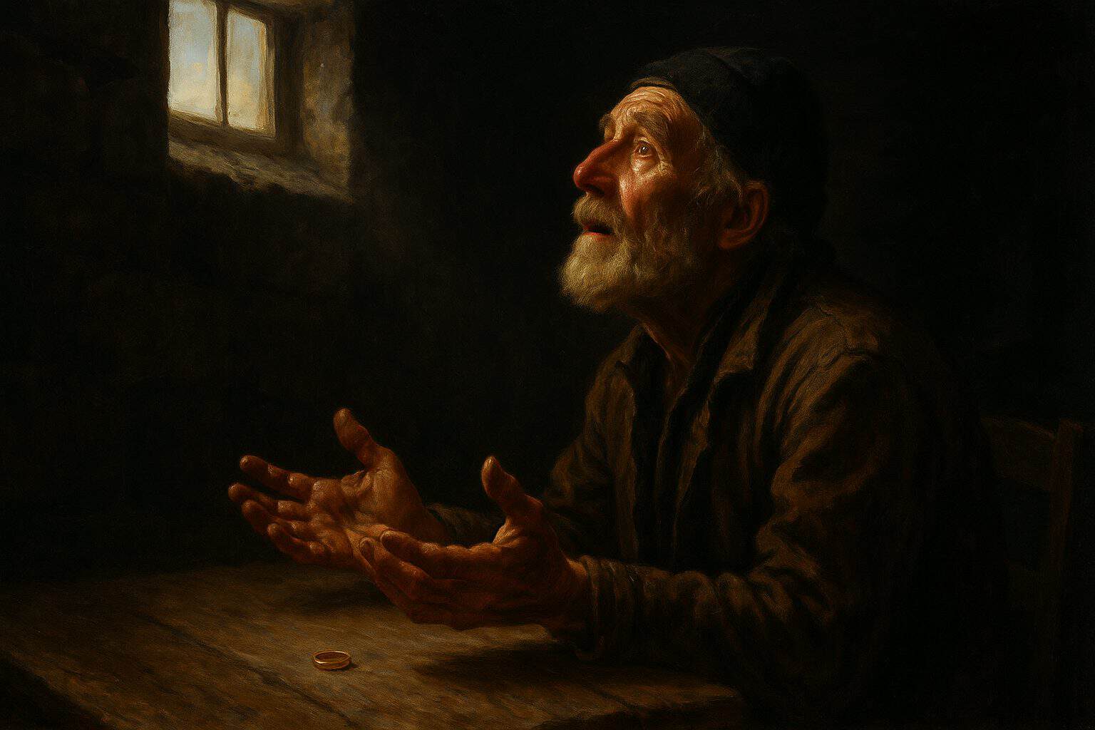 Elderly fisherman alone at a bare table, hands open, face lifted toward faint light in longing prayer