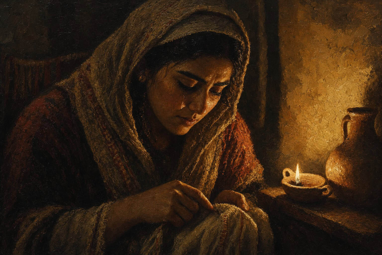 A single figure alone in dim interior light, face turned slightly down, one bright tear caught on the cheek