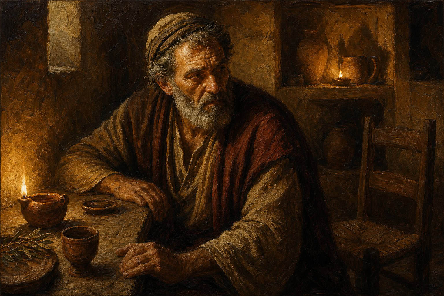 A lone figure at a dim kitchen table, hands gripping the counter's edge, lamplight catching the tension in the jaw