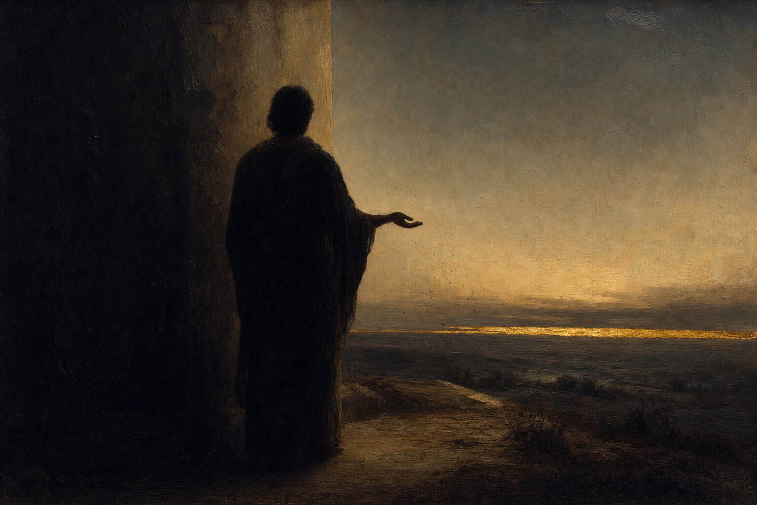 A figure at the threshold between deep shadow and emerging dawn, a hand extended holding invisible seeds — a painterly chiaroscuro oil painting evoking the attunement of Hope, by Anthony Adoré.