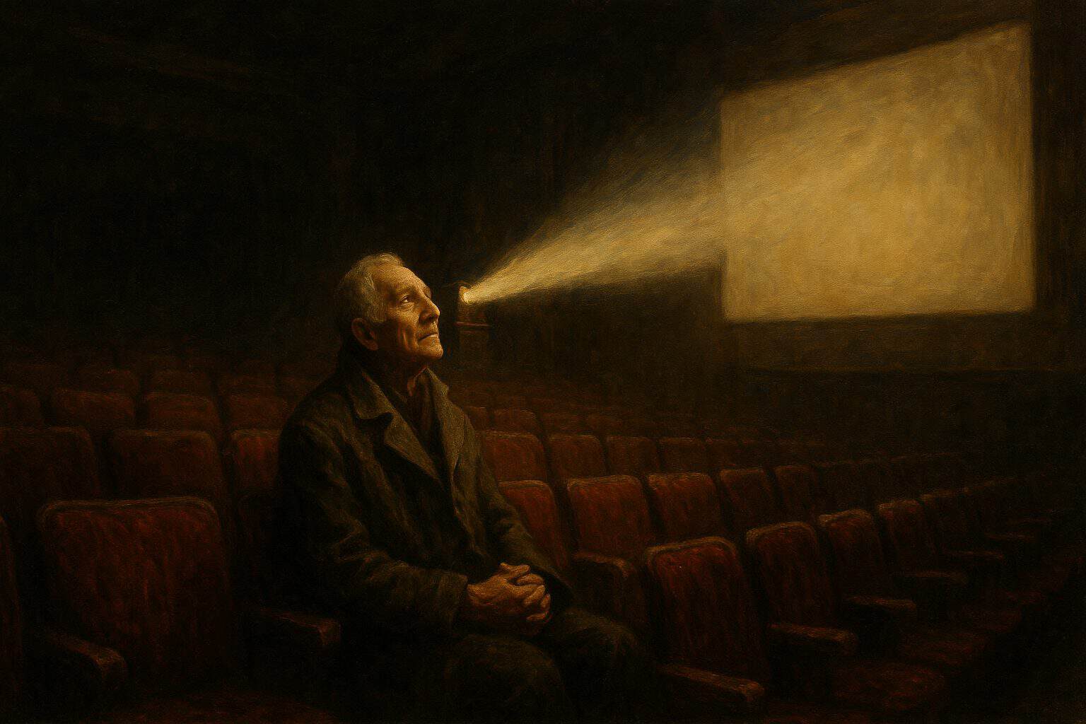 An old man alone in an empty theater watching a projector's light with quiet hope