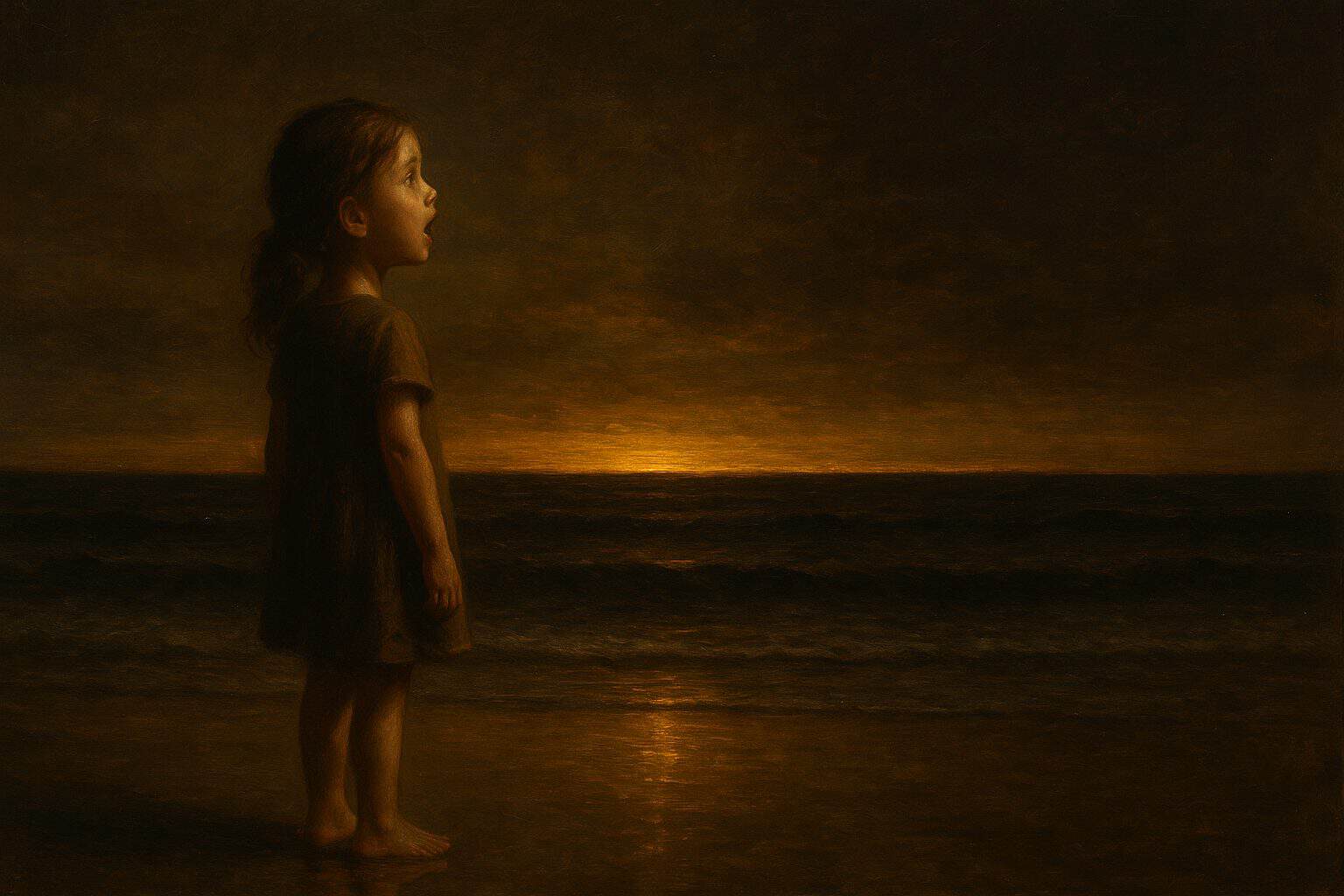 A small barefoot girl at the shoreline at dusk gazing with wonder toward the distant horizon