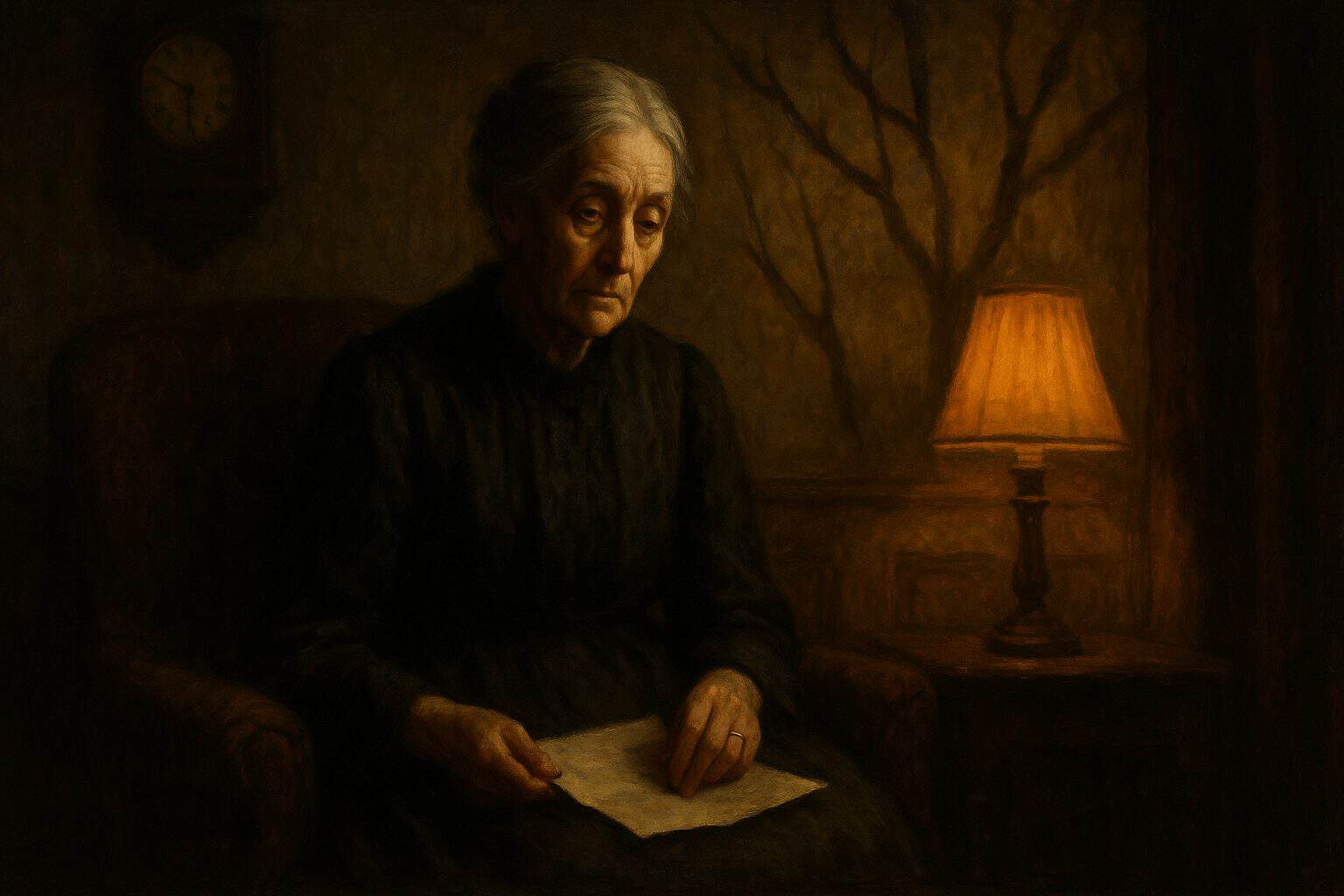 An old woman sits still with an unread letter, her face suspended between grief and stunned stillness