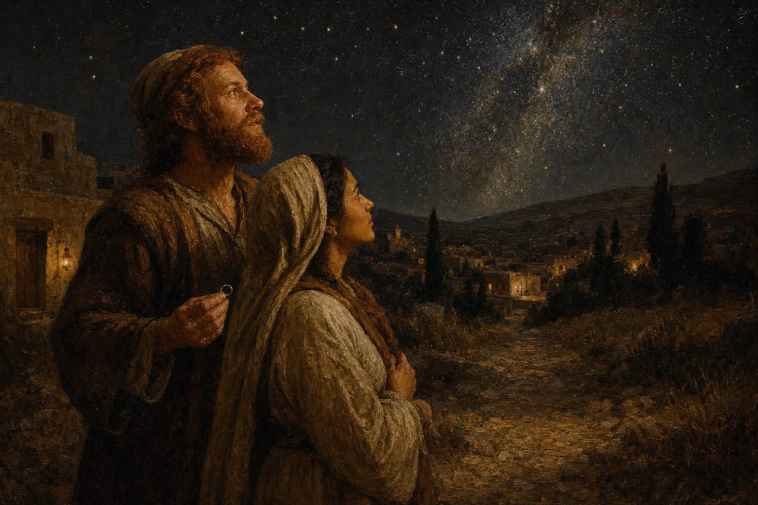 A man standing behind a woman on a dark rural roadside, both gazing up at a vast field of clear stars