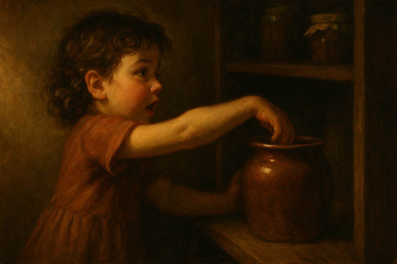 A small girl on tiptoe reaching into a pantry jar, her face bright with restless longing in warm lamplight