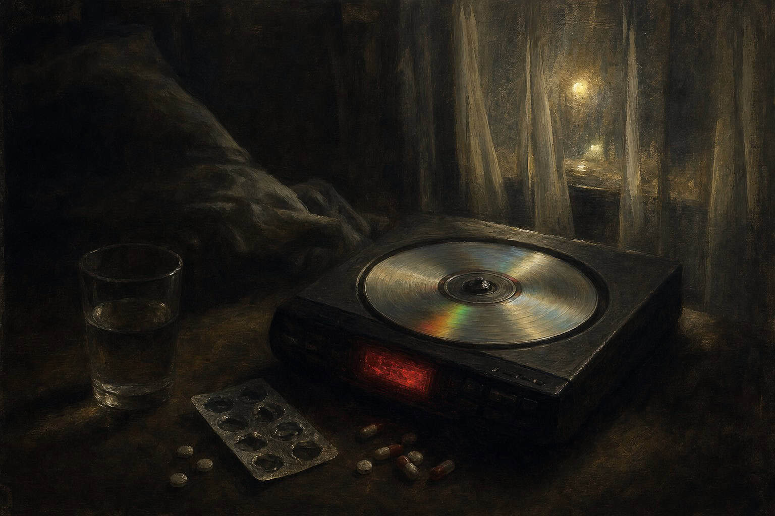 a single CD spinning in a dark room, red display glowing beside scattered pills — Confessions to the Empty Chair by Anthony Adore