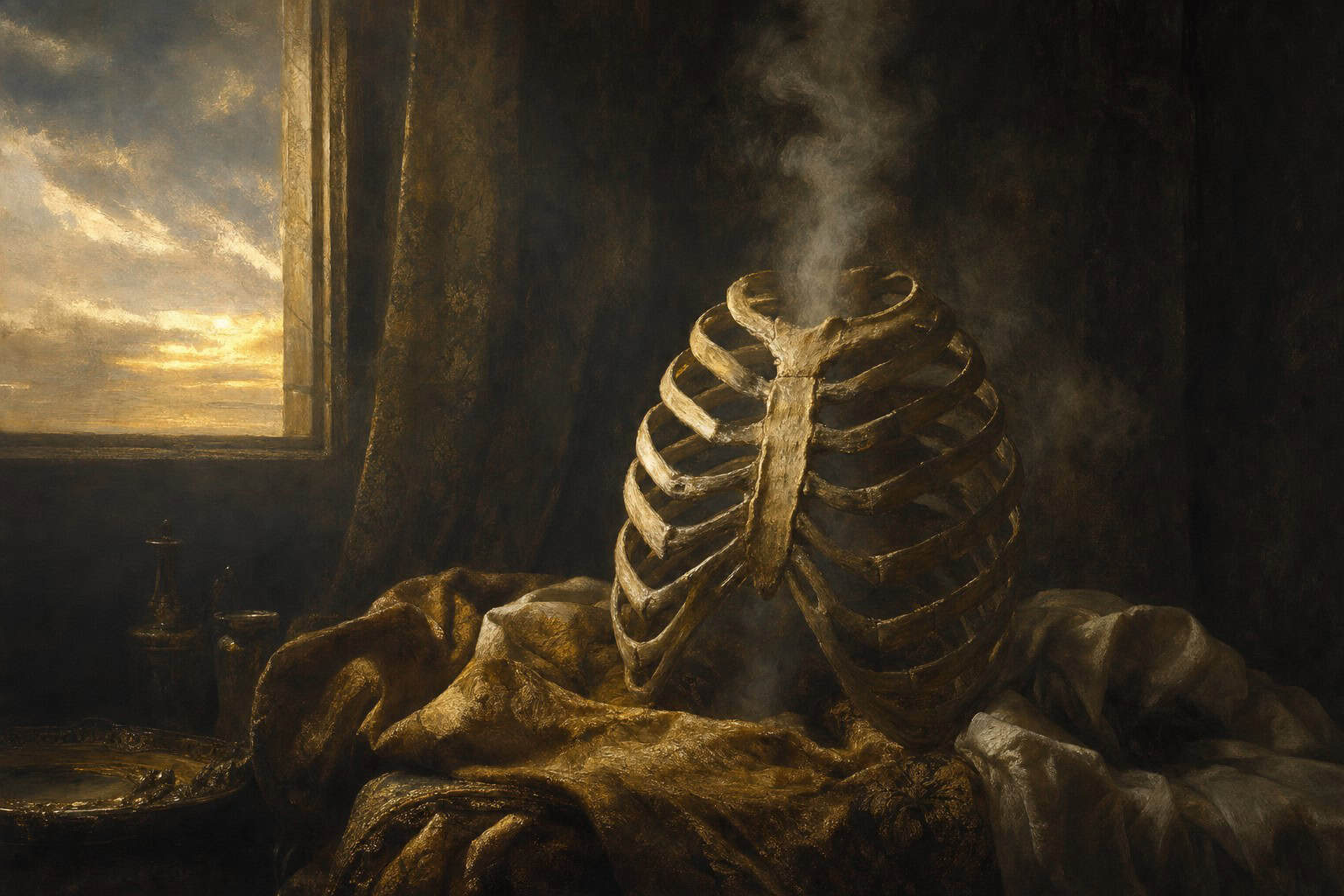 A single ribcage in soft dawn light, each breath visible in the chill air — Fractions of the Soul by Anthony Adore