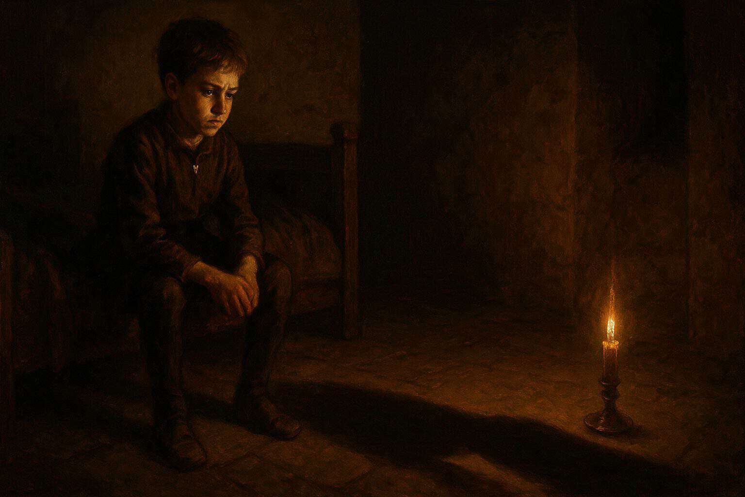 A young boy on a bed watching his oversized shadow by candlelight, burdened and uneasy