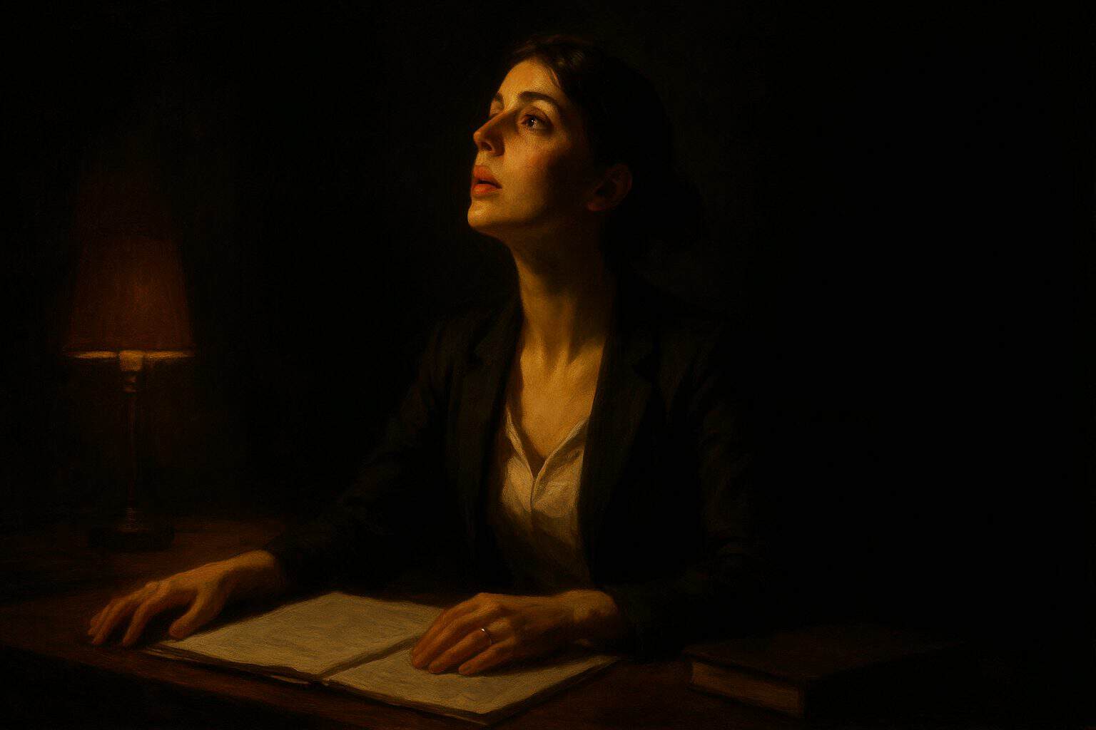 A young woman at a dim desk turning from her work, eyes searching with restless longing