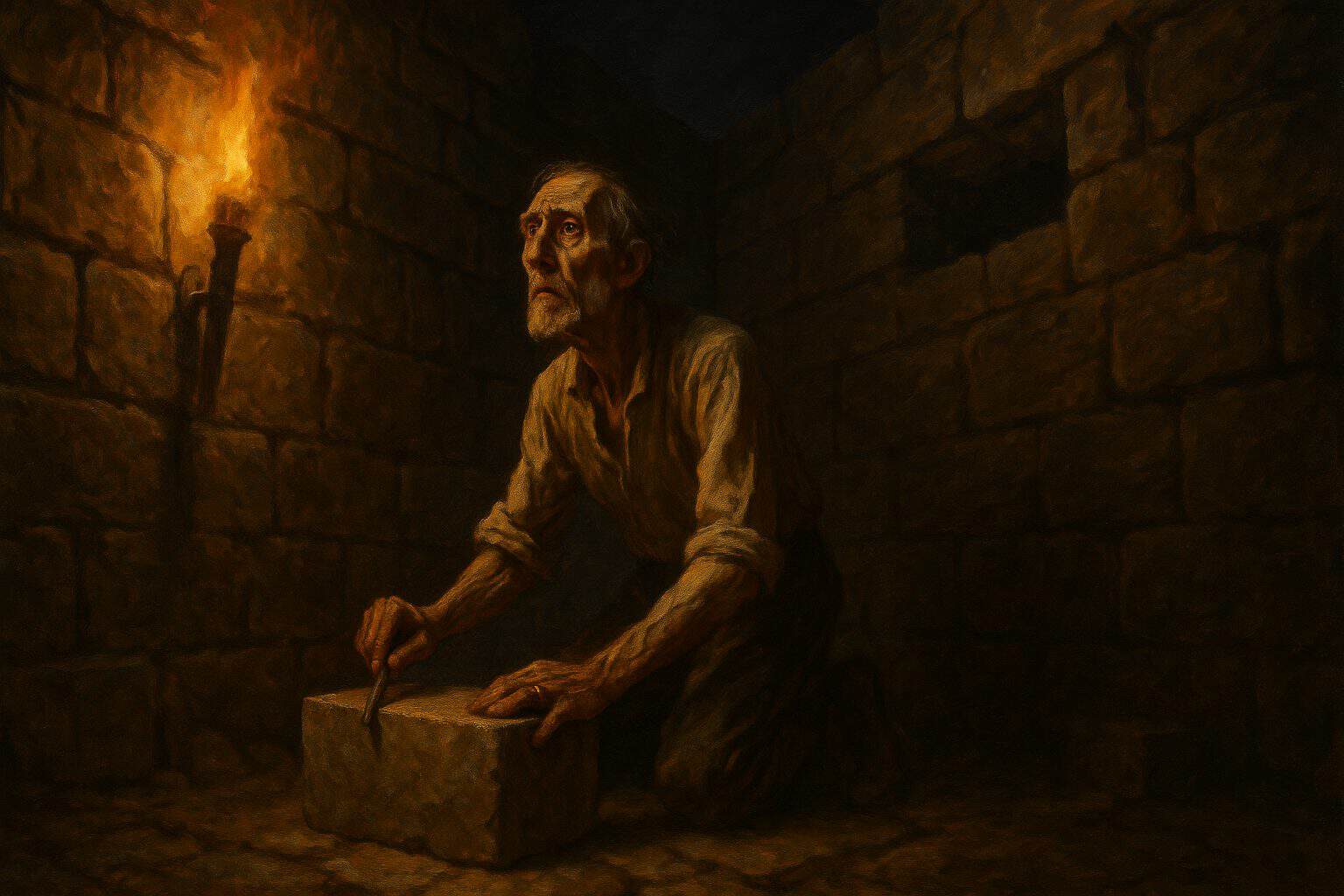 An aging mason trapped inside the stone keep he built, torchlit, face full of dawning dread