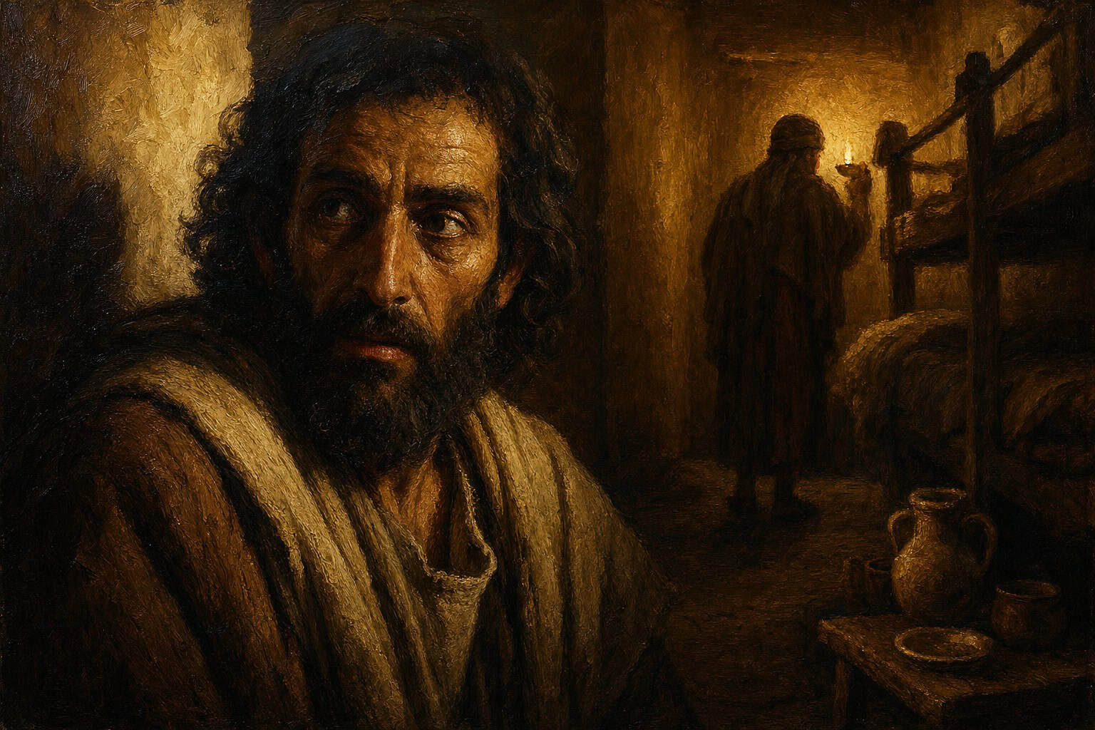 A narrow dim room with a bunk bed, one figure turned toward the wall, faint light held at a distance