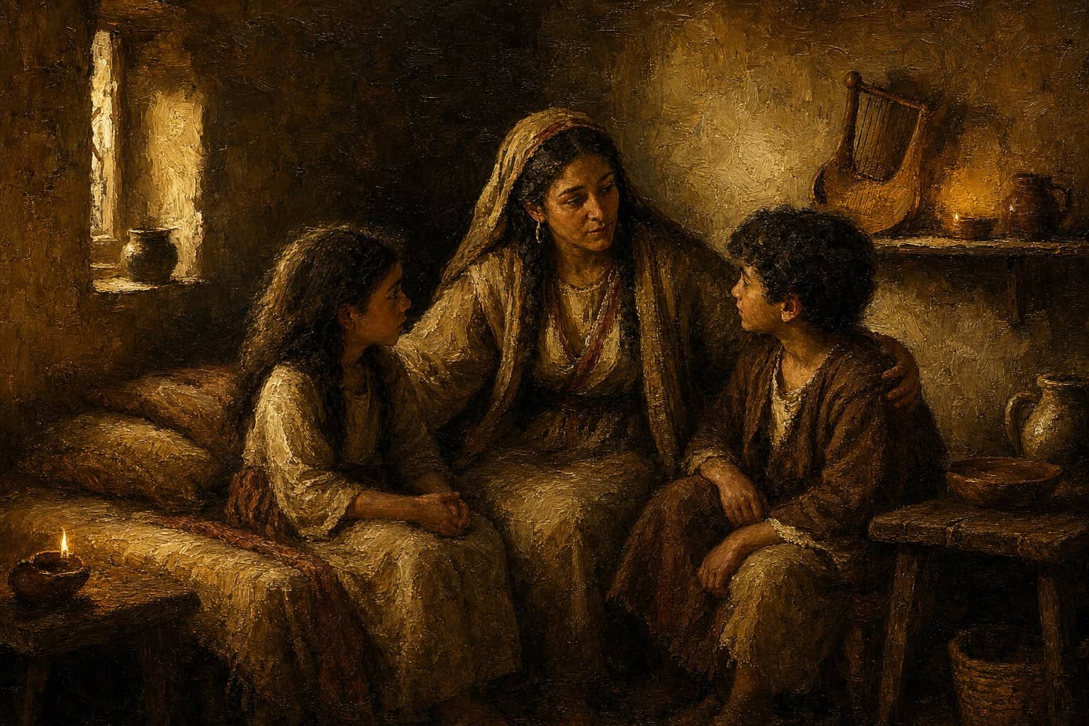 A narrow bed against a wall in dim afternoon light, an old lyre glowing faintly on a shelf