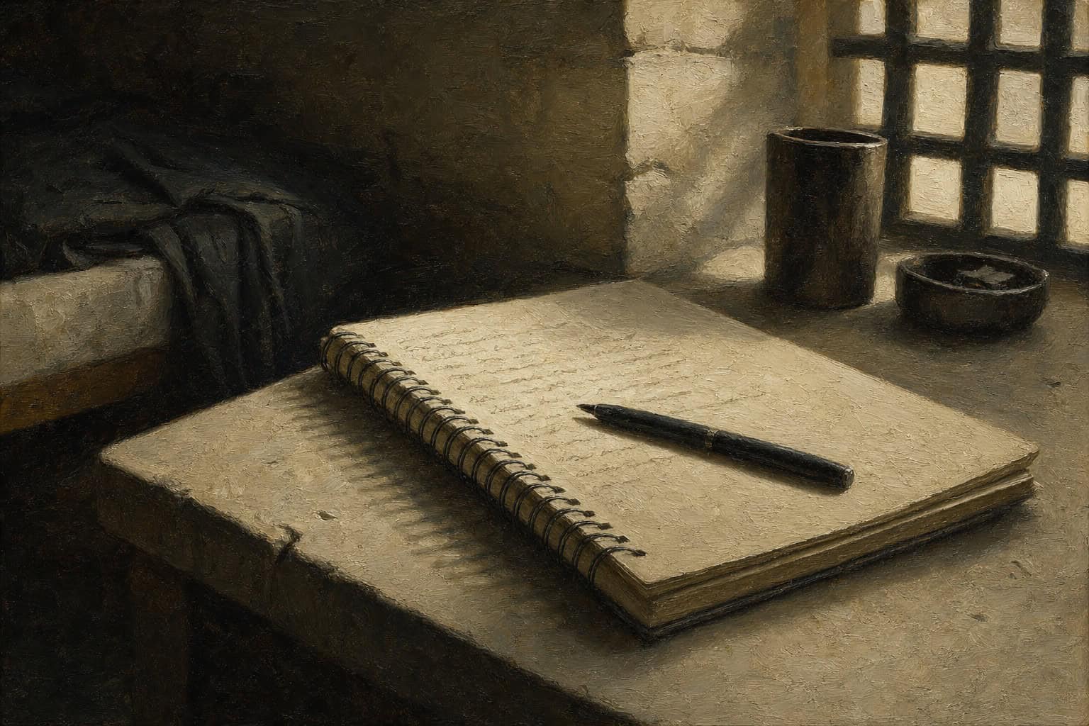 A bearded man in a robe writes on a scroll with a quill, illuminated by a candle, surrounded by pottery in a dimly lit room.