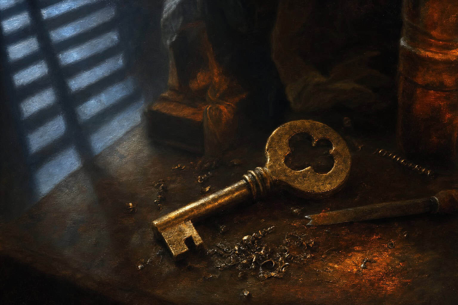 worn brass key with metal shavings beneath — Fractions of the Soul by Anthony Adore