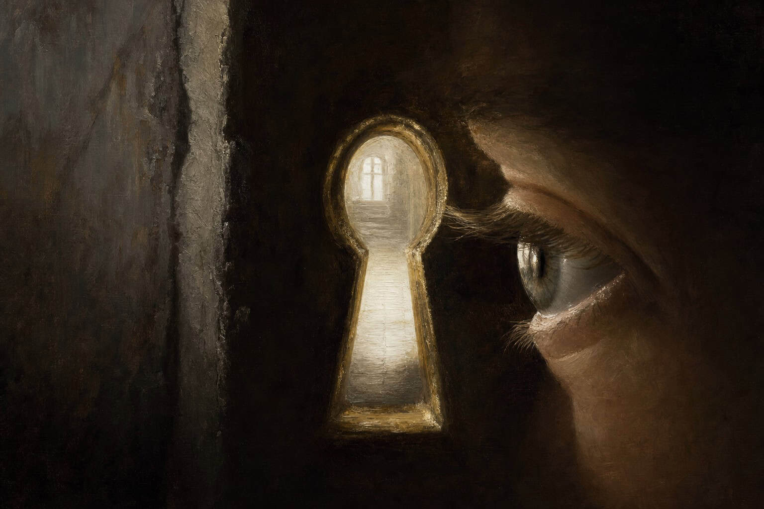 eye pressed against brass keyhole, light leaking through — Fractions of the Soul by Anthony Adore