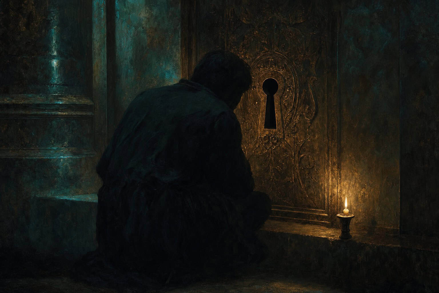 figure crouched at ornate keyhole, brass worn smooth — Fractions of the Soul by Anthony Adore