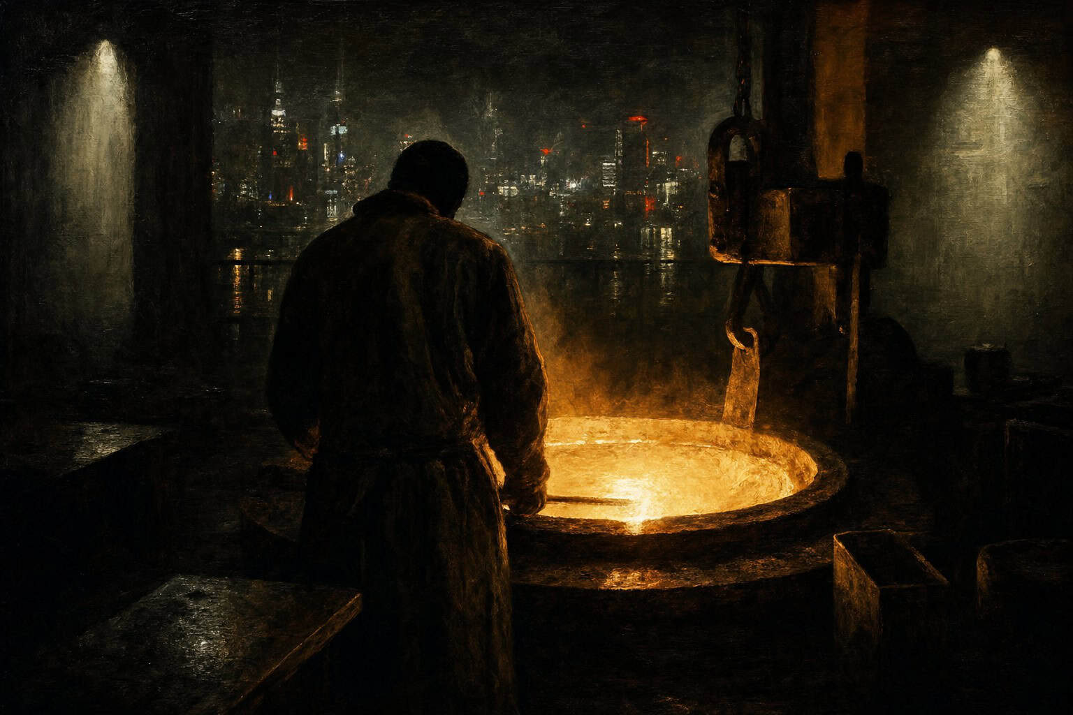 A blacksmith, with a focused expression, uses tongs to shape glowing metal in a dimly lit workshop, surrounded by tools and p