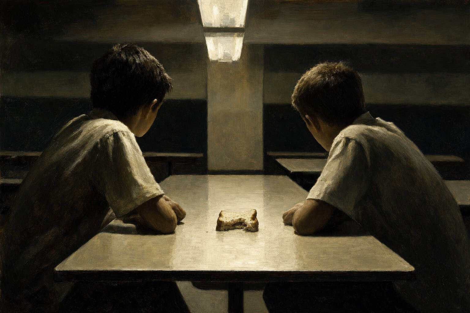 Two boys sit at a wooden table, gazing intently at each other, with a single candle illuminating a loaf of bread between them