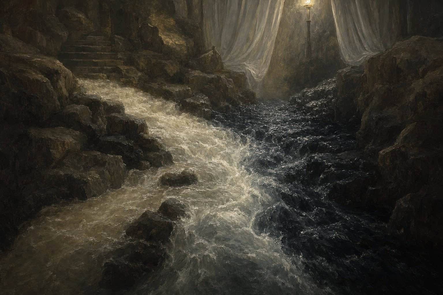 Two streams of different water merging and running fast through one rocky channel — Confessions to the Empty Chair by Anthony Adore