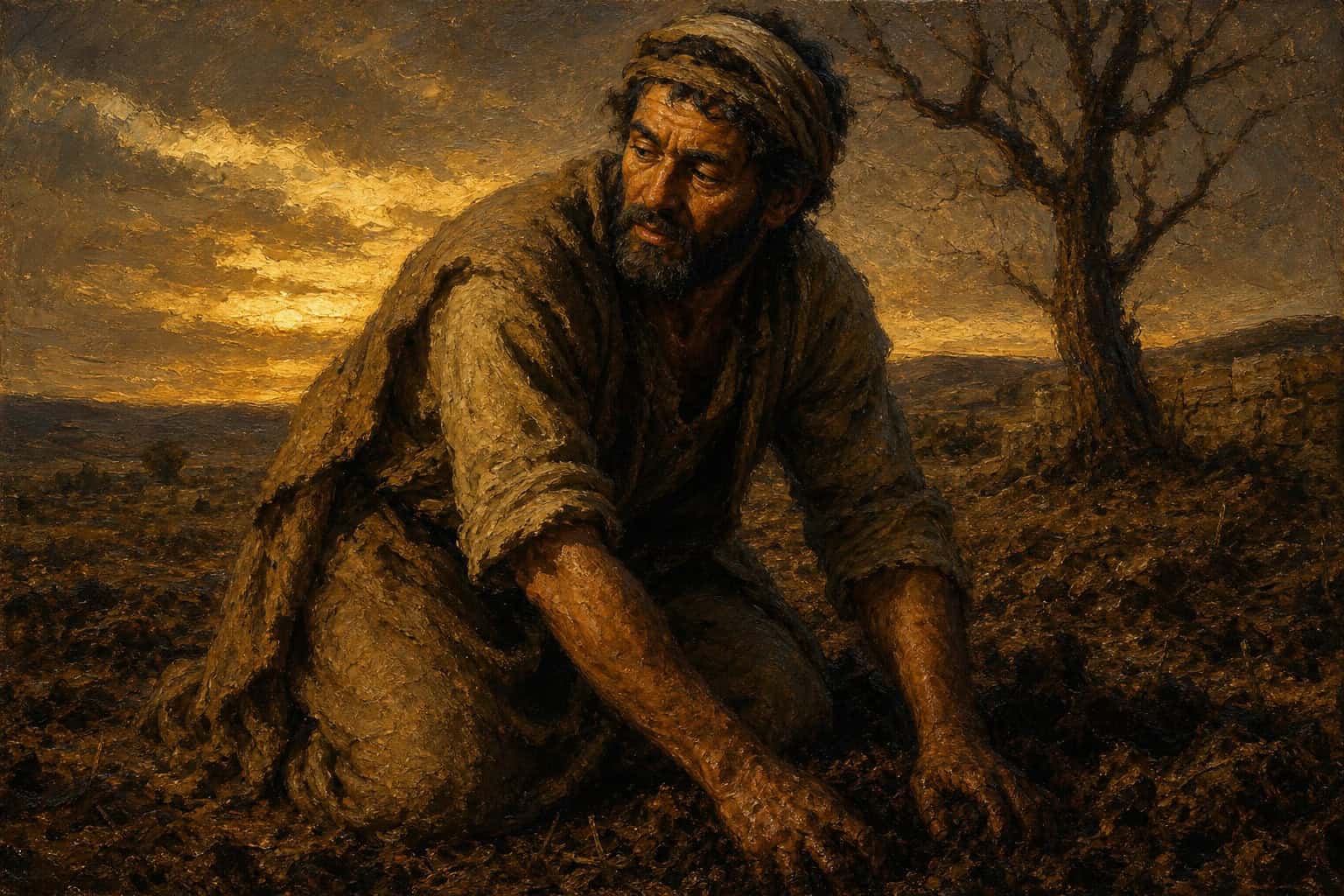 A lone figure kneeling in a half-tilled field at dusk, hands in dark soil, one bare fruit tree behind