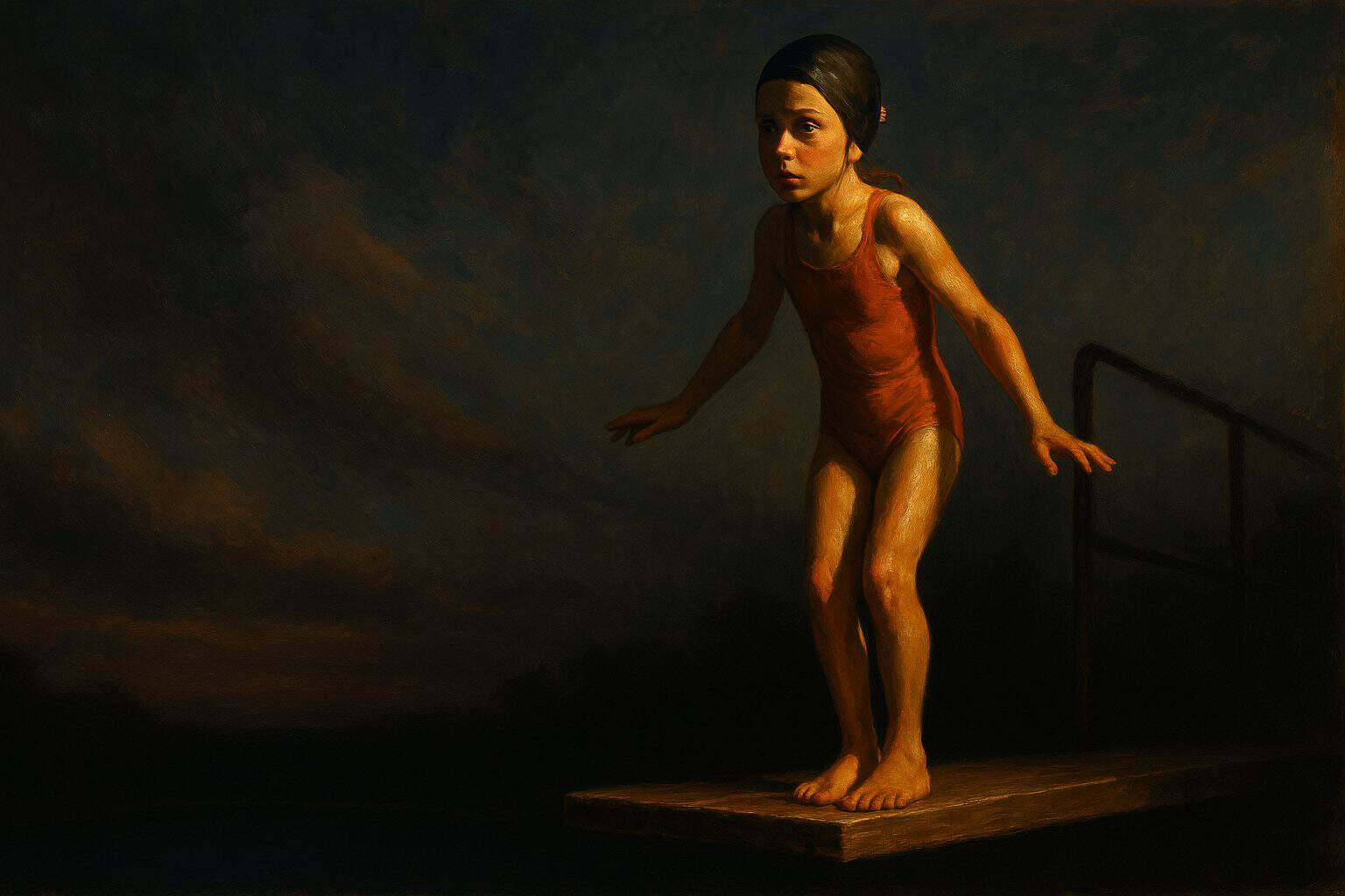 A young girl at the end of a high diving board, poised between fear and courage before the leap