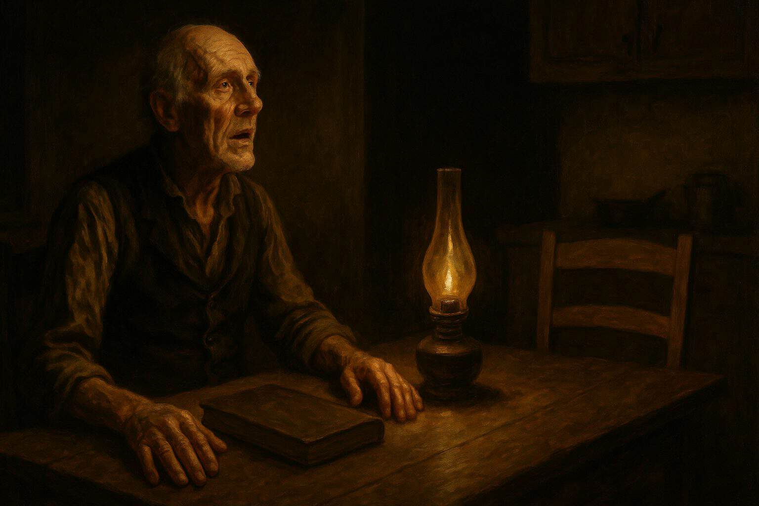 An old man at a night table, hands open beside a ledger, speaking toward an empty chair in confession