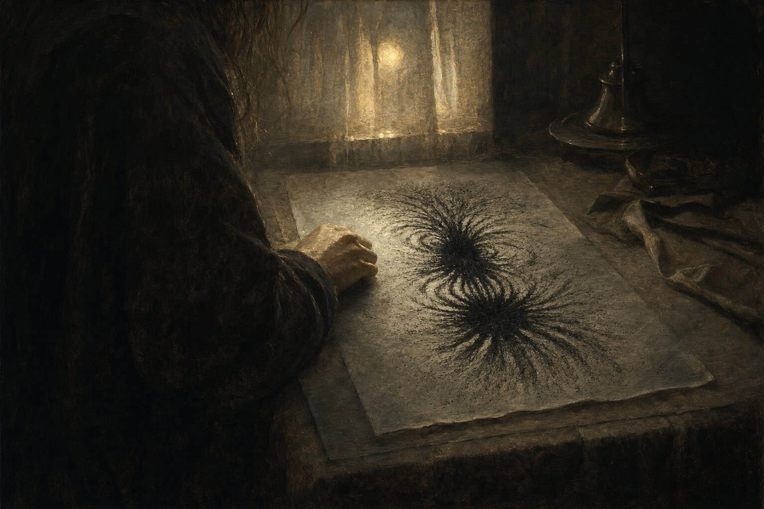 A bearded man in ancient attire focuses intently on drawing a starburst pattern on parchment, illuminated by candlelight.