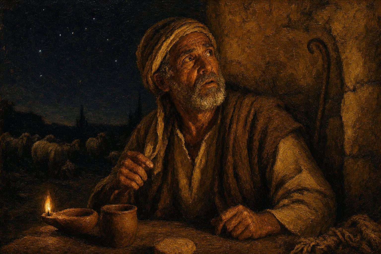 A solitary figure at a bare table in dim light, stars faintly bending overhead